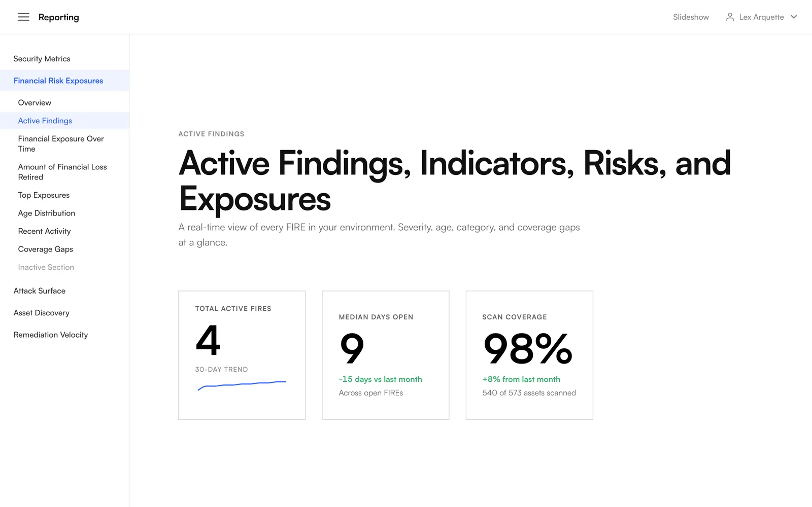 Active findings and coverage figures in Evidence Reporting