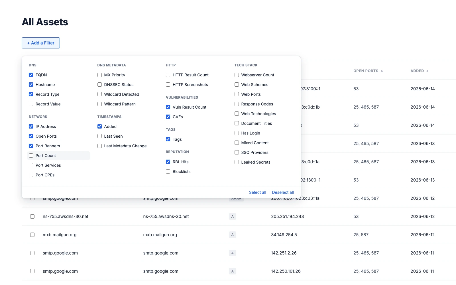 Asset metadata filters in Evidence Surface